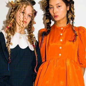 Batsheva Button Up Long Prairie Dress Orange Moiré